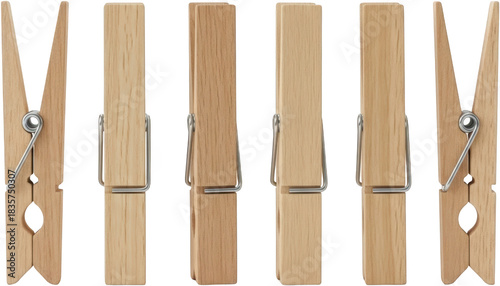 A Line Of Natural Wood Clothespins With Silver Metal Springs Presented Against A Transparent Background For Isolation Clothes Peg Wooden Household Laundry Drying Transparent Background