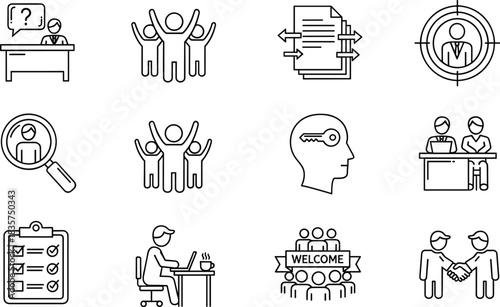 Human Resources and Recruitment Line Art Icon Set, Flat Vector Illustration, Representing Hiring, Interview, Teamwork, Job Search, Management, Checklist, and 