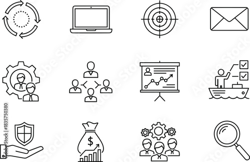 Law and Justice Line Art Icon Set, Flat Vector Illustration, Representing Court, Legal, Crime, Agreement, Attorney, Fingerprint, Calculator, and Judicial System.