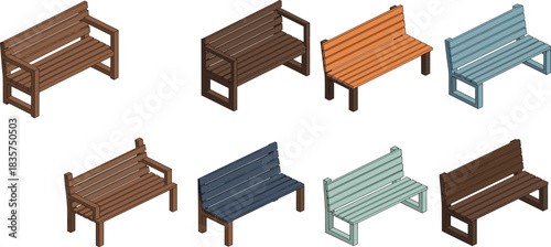 Park Benches Isometric 3D Vector Set, Outdoor Wooden Seating, Street Furniture, and Public Space Isolated Illustration Collection