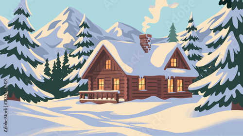 Snowy mountain cabin with glowing windows, pine trees, smoke chimney, winter retreat scene, CAD drawing flat vector illustration, cozy landscape