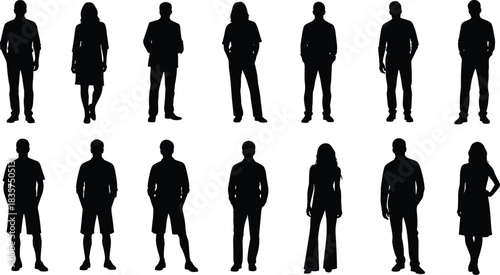 People Silhouettes Vector Set, Diverse Group of Men and Women Standing Figures, Full Body Shape Cutouts for Architectural Renderings