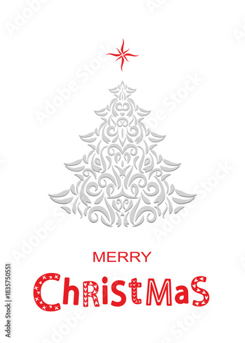 Merry Christmas.  Merry Christmas and Happy New Year. Christmas tree with leaves. Vector illustration.