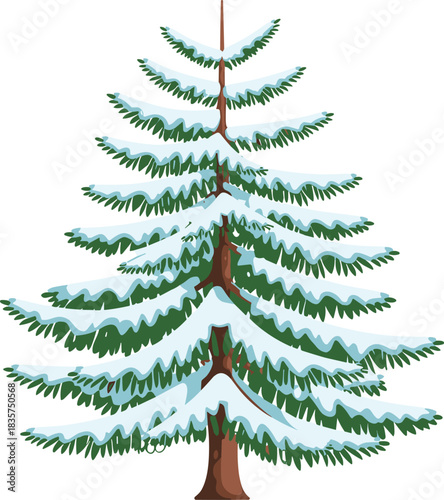 Snow-covered evergreen tree with layered branches, winter pine illustration, holiday nature scene, CAD drawing flat vector illustration, seasonal forest artwork
