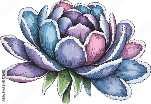 Frosted multicolor flower with layered petals, vibrant bloom, snow-edged texture, CAD drawing flat vector illustration, botanical digital artwork