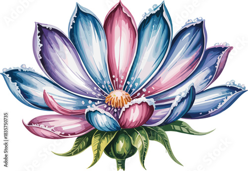 Multicolored stylized flower with pointed petals, radial bloom, dew accents, CAD drawing flat vector illustration, vibrant botanical digital artwork