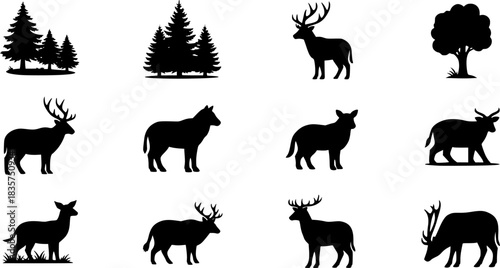 Illustration of set forest´s animals icon. Vector silhouette Christmas 