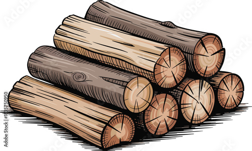 Stacked cut logs with visible wood grain, forestry texture, natural timber pile, vector art, CAD drawing flat illustration, rustic detail