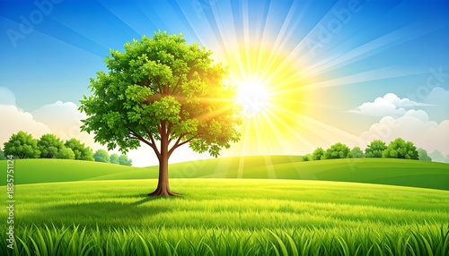 Sunny landscape with a tree