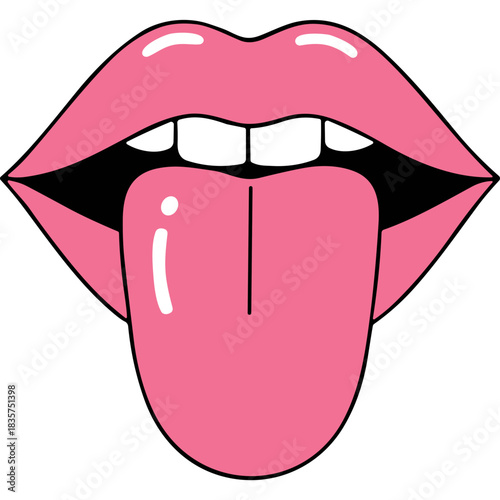 Glossy Pink Lips With Tongue Out Extended In A Playful And Bold Gesture Against A Stark Black Background With White Teeth Visible