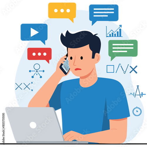 Frustrated Man Talking on Phone with Laptop and Data Charts in Background Business Communication Overload and Multitasking Concept Blue Tones