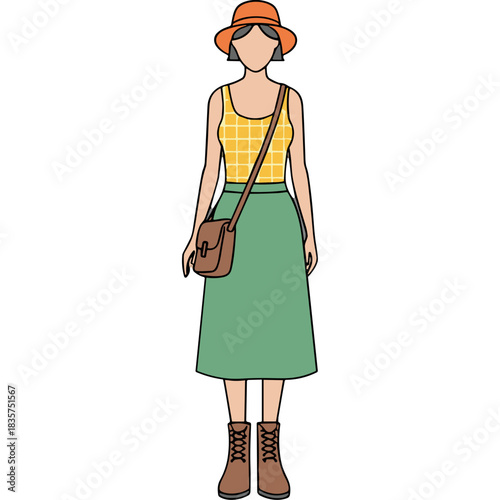 Full body illustration of a woman wearing a yellow plaid top green skirt orange hat brown boots and a crossbody bag against a black background symbolizing casual fashion and autumn style