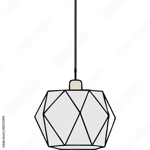 Geometric Pendant Light Fixture White Fabric Shade With Black Metal Frame Hanging From Black Cord Against A Black Background Modern Interior Design Element