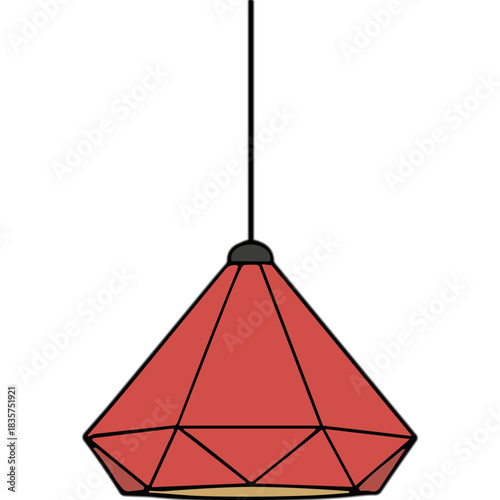 Geometric Red Pendant Lamp Hanging Indoors with Black Cord Minimalist Design with Black Accents and Yellow Base Illuminated Interior Space for Home Decor or Office Lighting