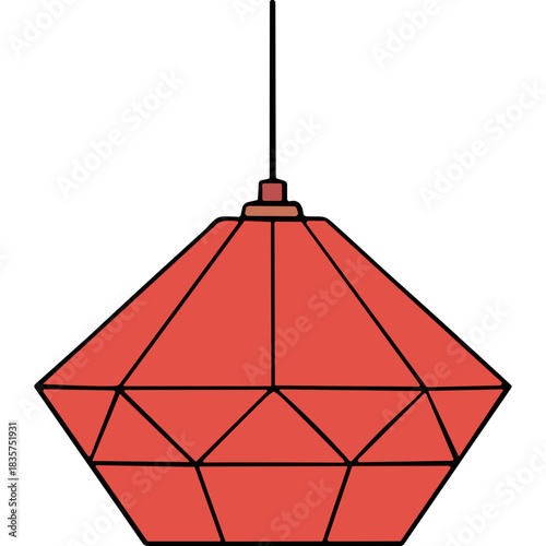 Geometric Red Pendant Lamp With Faceted Design Hanging From A Thin Black Cord Against A Black Background Minimalist Interior Lighting Fixture