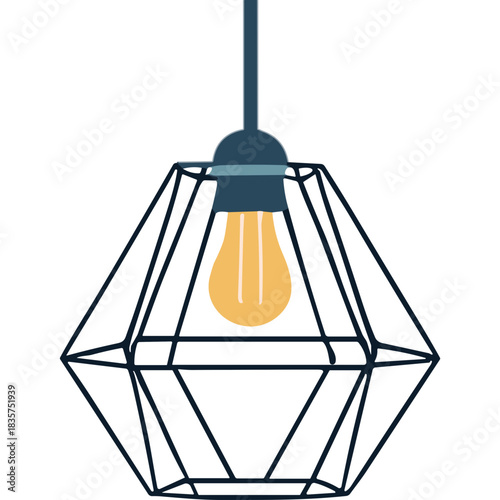 Geometric Wire Cage Pendant Light Fixture with Warm Edison Bulb Illuminated in a Dark Setting