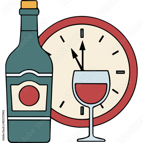 Glass of Red Wine and Bottle Beside a Clock Indicating Evening Time Ready for Celebration or Relaxation After Work Hours Representing Leisure and Enjoyment