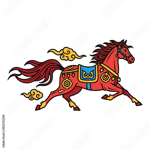 Vibrant Red Horse Illustration with Traditional Chinese Cloud Motifs