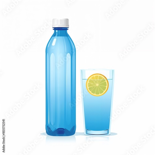 Refreshing bottled water and glass with lemon slice vector art