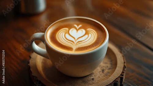 Close up Shot of Cup With Coffee Showing Heart Design on Crema at a Cafe in the Morning