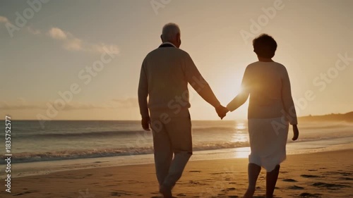 Elderly Couple Walks Hand in Hand Along the Beach at Sunset Creating a Warm Moment by the Ocean