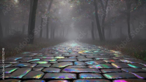 Path of Iridescent Oil Slick Cobblestones in a Misty Forest During Early Morning Light