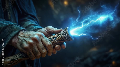 Weathered Hands Grip a Carved Wand as Blue Light Flickers in the Dark