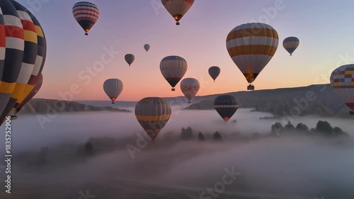 Hot Air Balloons Lift off at Dawn From a Valley Filled With Fog on a Clear Morning