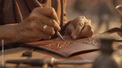 Artisan Crafting Leather Goods in Market Square of Marrakech, Morocco During Late Afternoon