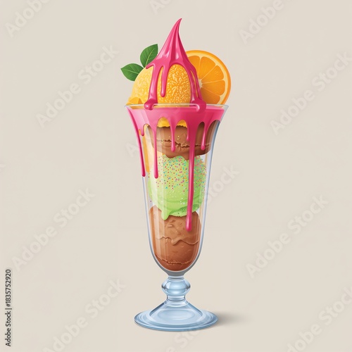 Colorful ice cream sundae with vibrant syrup and fresh orange