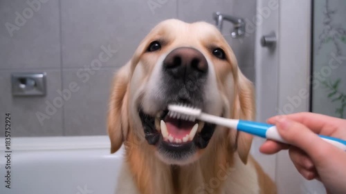 Golden Retriever Has Teeth Brushed in Bathroom With a Blue and White Toothbrush During Morning Routine