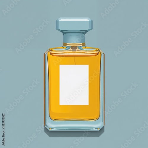 Elegant perfume bottle with amber liquid and stylish blue cap