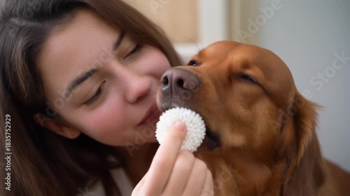Cleaning a Dog's Teeth With a Finger Toothbrush in a Home Setting While Gently Holding the Dog's Mouth
