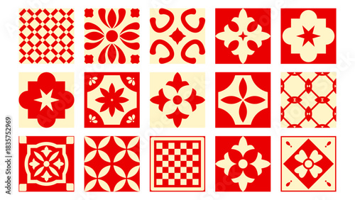 Majolica-inspired tile pattern bundle — elegant Mediterranean forms in rich blue, yellow, and terracotta tones, ideal for prints, textiles, and wall art.