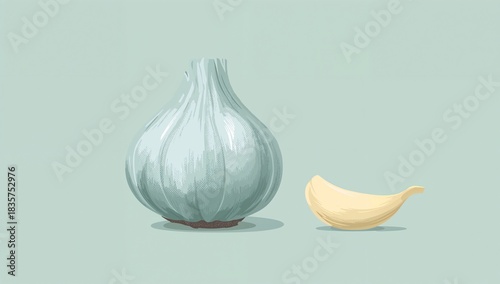 Fresh whole garlic bulb and a single clove, cooking ingredient