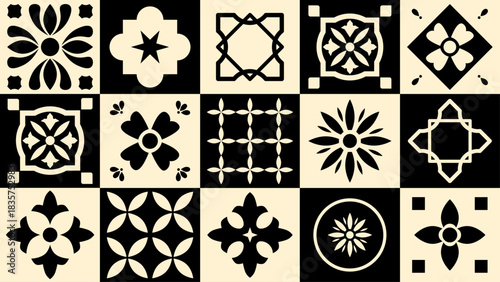 Mediterranean ceramic tile bundle — classic majolica repeats with bold symmetry and vivid black monochrome palettes, perfect for interior accents and wall decor