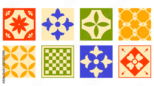 Mediterranean ornamental tile pack — geometric and floral majolica repeats with timeless Italian charm, great for interiors, printables, or surface design.