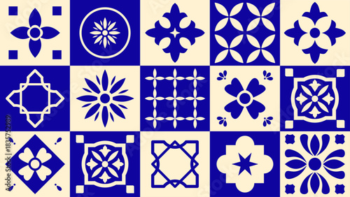 Vintage Italian tile pattern collection — ornamental majolica motifs featuring florals, curves, and lattices for sophisticated home décor or packaging design.