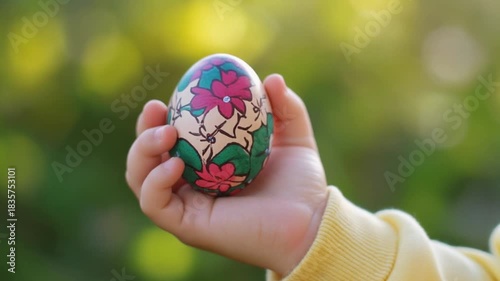 Child Holds a Painted Egg With Flowers in a Garden During Springtime