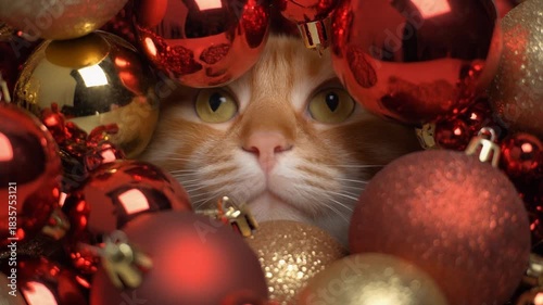 Red Cat Looks Through Christmas Ornaments and Enjoys the Festive Decorations During the Holiday Season With Bright Colors and Shiny Surfaces