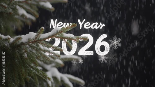 Snow Falls on Evergreen Branches and Pine Needles as New Year Begins in Winter Wonderland