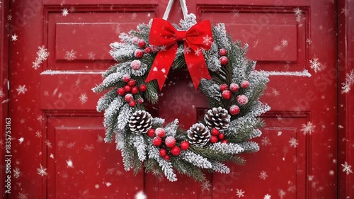 Festive Wreath With Red Berries, Pinecones, and Frosted Greenery Hangs on a Red Door With Snow Falling Around It