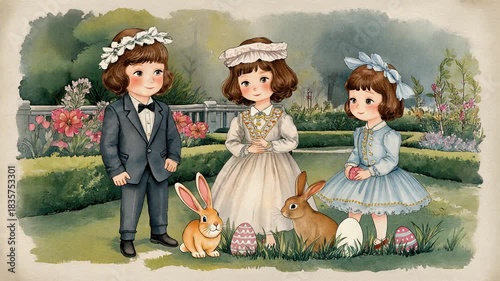 Children in Formal Easter Attire Gather With Bunnies Near Decorated Eggs in a Vintage Style Postcard Illustration