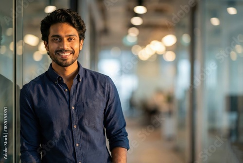 Confident Indian businessman smiling in modern office