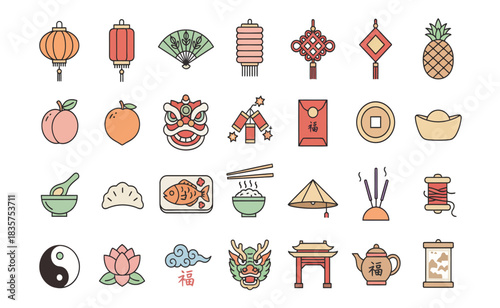 Collection of chinese new year elements arranged on white backdrop representing traditional celebrations and cultural heritage with festive and vibrant mood.