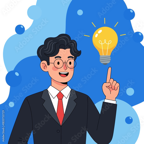 Man in Suit with Idea Lightbulb Above Finger.