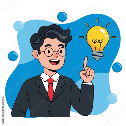 Man in Suit with Idea Lightbulb, Cartoon Illustration.