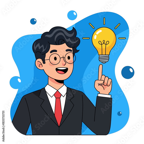 Man in Suit with Lightbulb Idea, Cartoon Illustration.