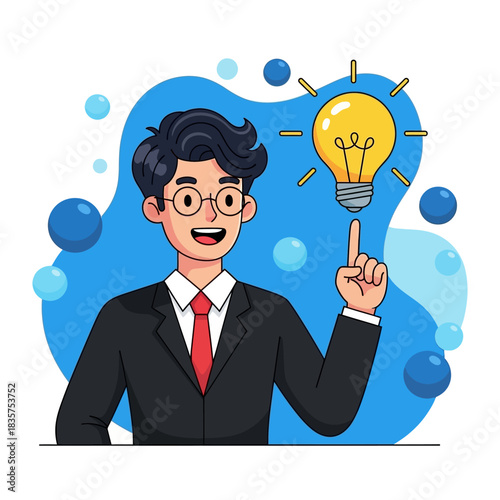 Man in Suit with Lightbulb Idea, Cartoon Illustration.