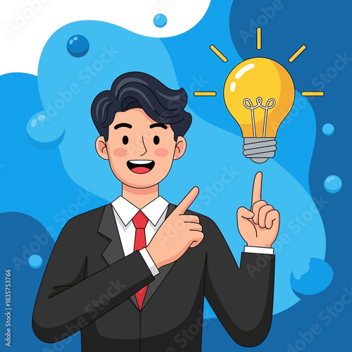 Man in Suit with Lightbulb Idea Pointing Upward.